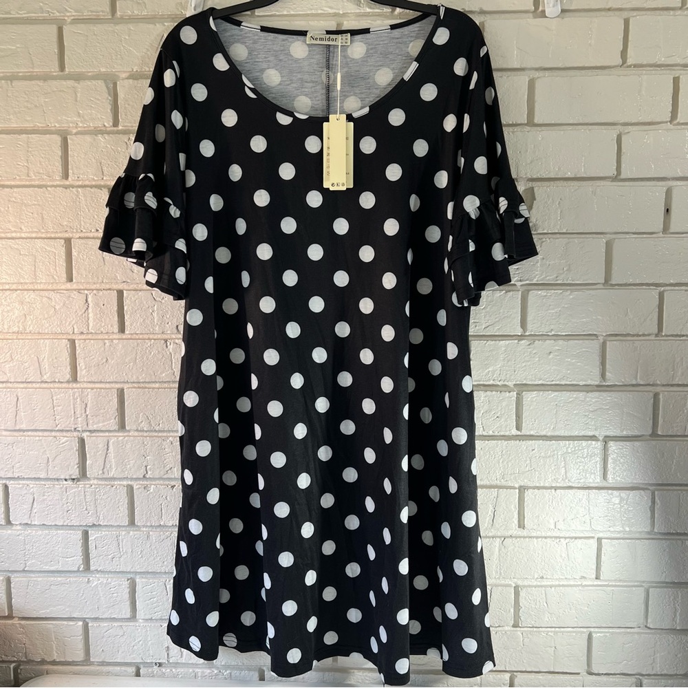 Black & White Polka Dot Mini Dress US Plus size 18 Ruffle Sleeves & Pockets NWT